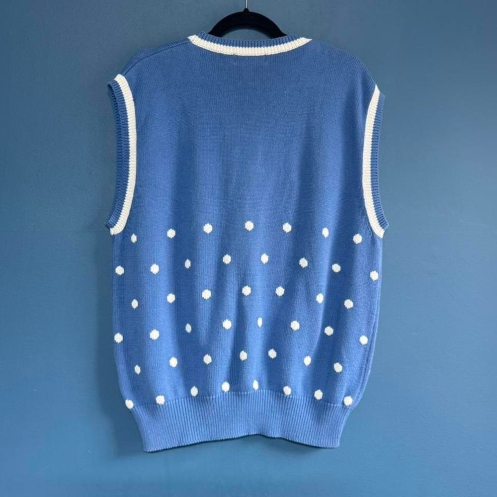 Vintage 1980s Sweater Vest Women's Size XL Blue White Polkadot Lady Lamode Prep - Picture 2 of 8